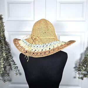 Women’s Scala Pronto Floppy Straw Hat Beach Sun Summer Pool Wide Brim Blue Tan